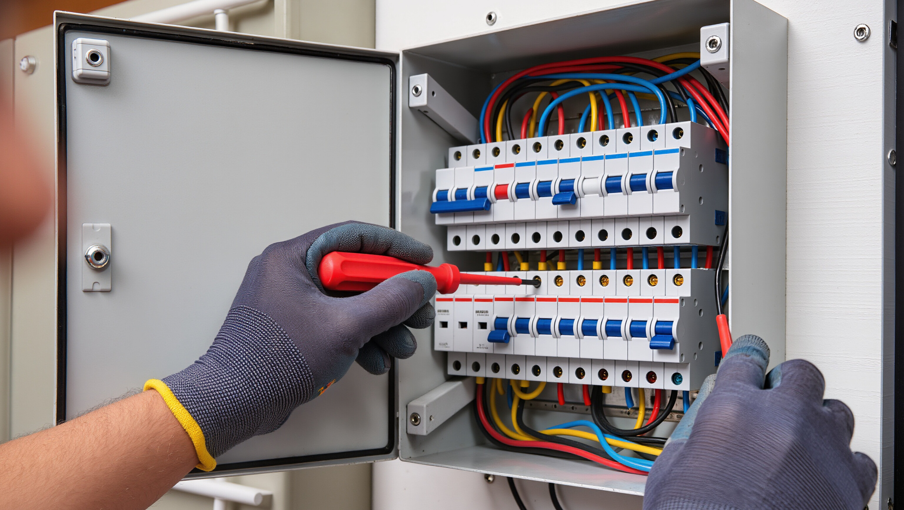 Electrician in gloves adjusting circuit breaker in electrical panel with colorful wires