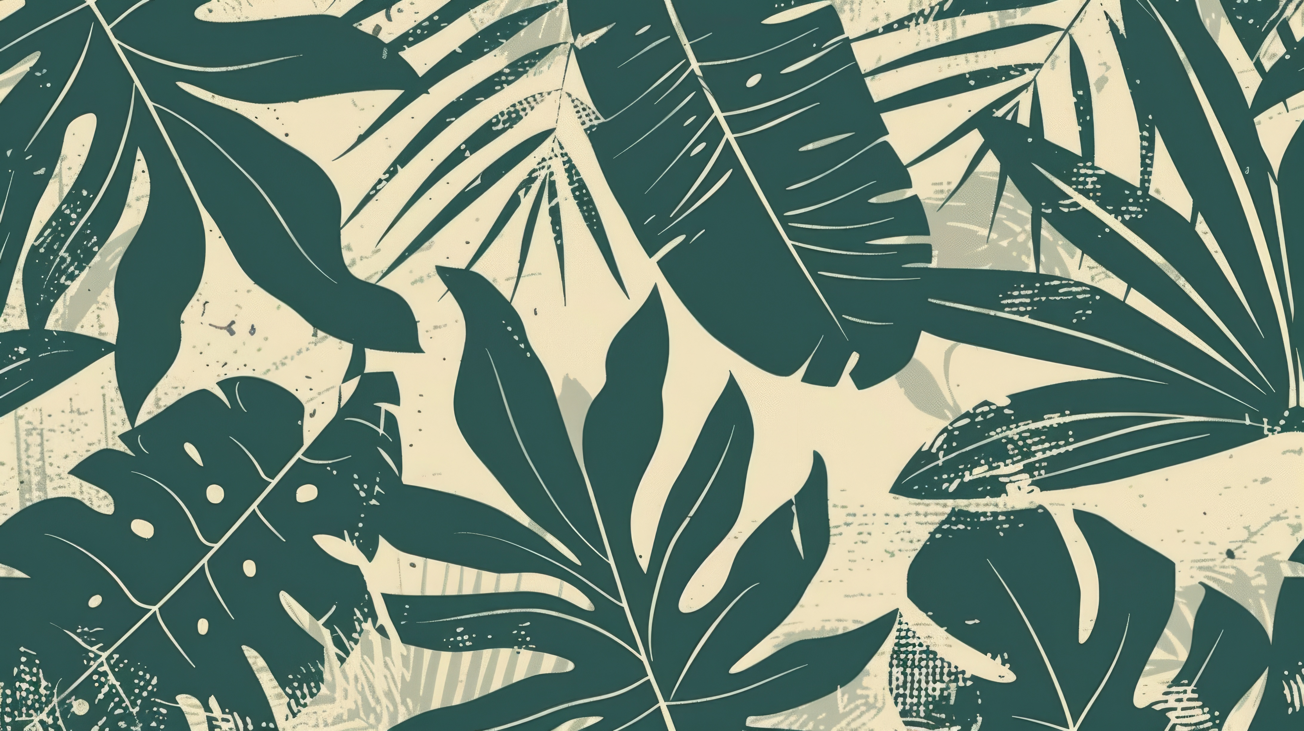 Vintage botanical illustration with teal and cream tropical leaves pattern