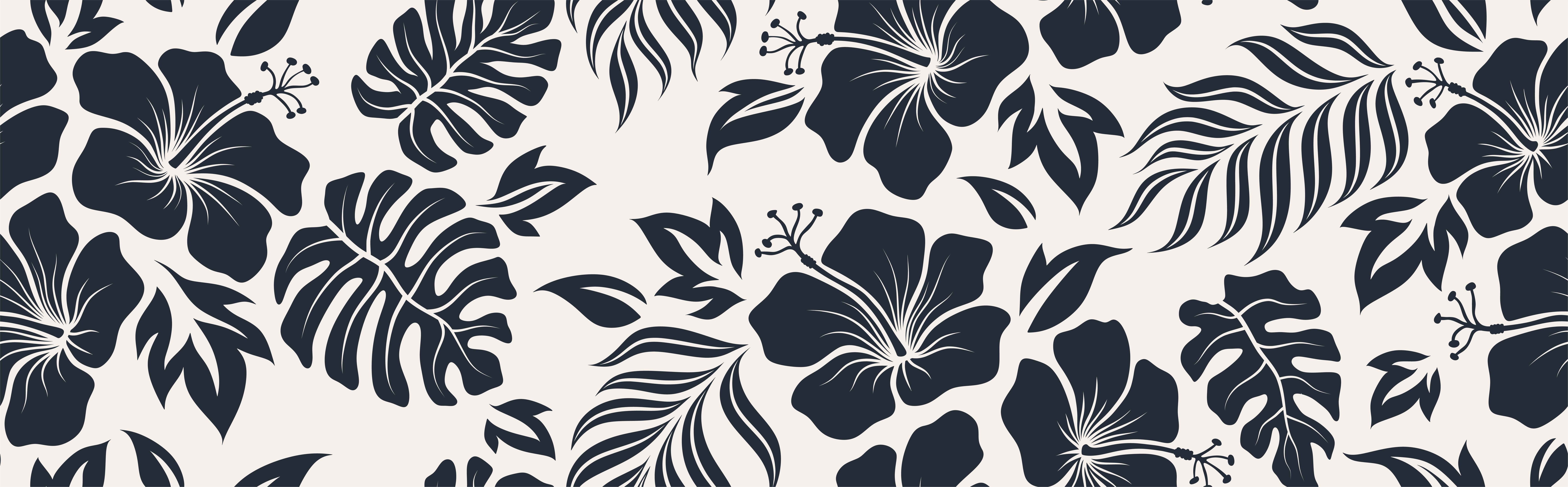 Dark navy tropical flowers and monstera leaves pattern on cream background